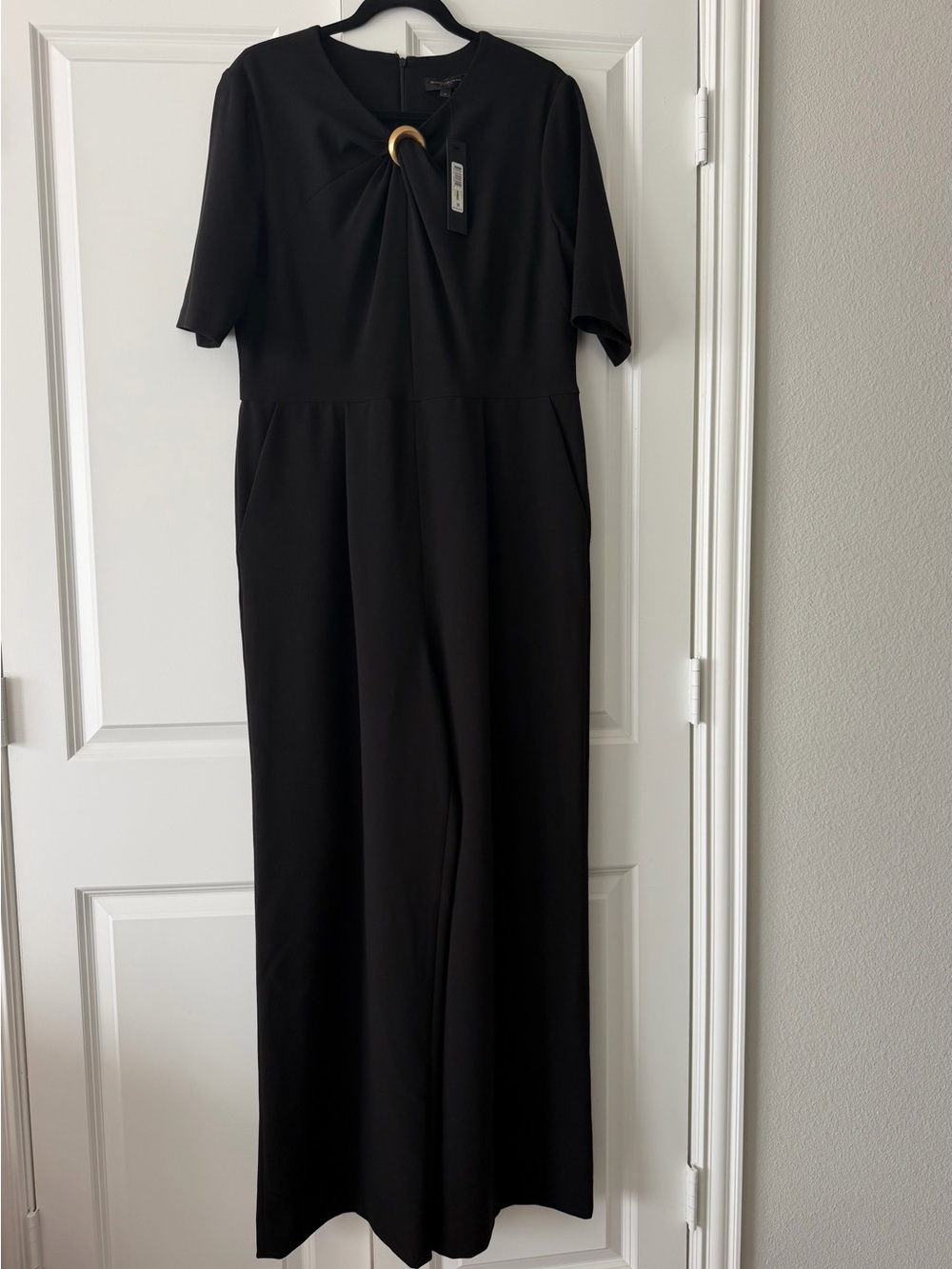 Donna Karan New York Black Jumpsuit Size 14 NWT Wide Leg Gold Ring Detail